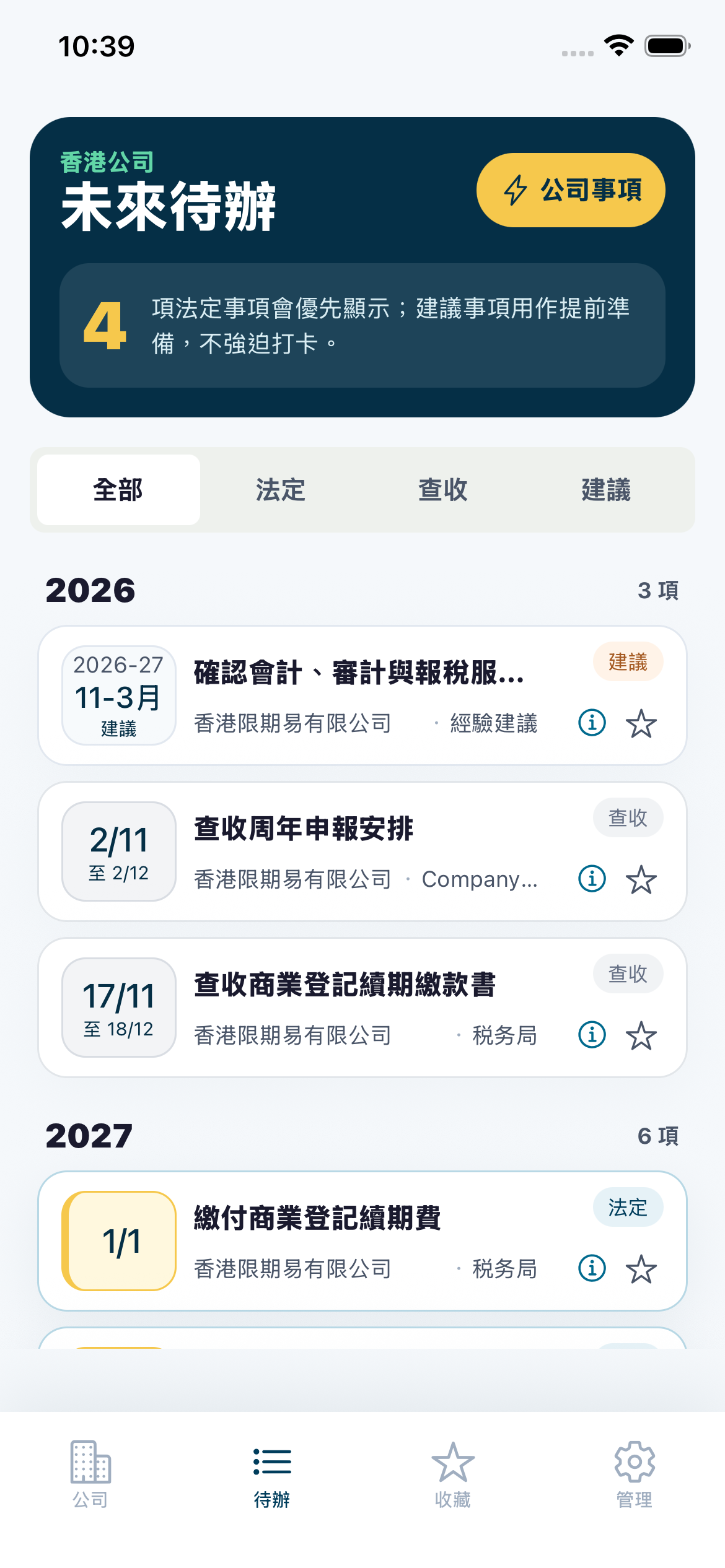 待辦列表：所有合規事項按到期日排序